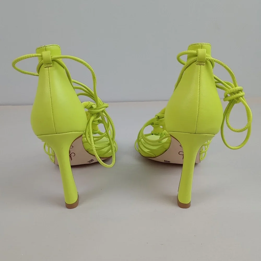 Jessica Simpson Womens 6 Neon Yellow Lace Up Strappy Chain Heel Achaia Sandals